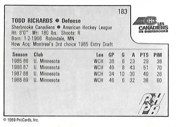 1989-90 ProCards AHL #183 Todd Richards Back
