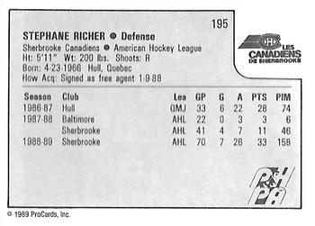 1989-90 ProCards AHL #195 Stephane Richer Back