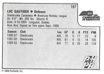 1989-90 ProCards AHL #197 Luc Gauthier Back