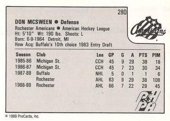 1989-90 ProCards AHL #280 Don McSween Back
