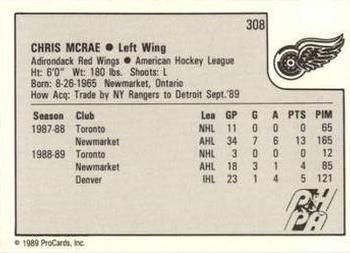 1989-90 ProCards AHL #308 Chris McRae Back