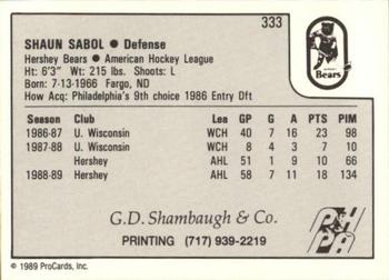 1989-90 ProCards AHL #333 Shaun Sabol Back