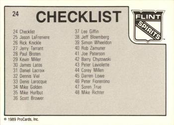 1989-90 ProCards IHL #24 Flint Spirits Checklist Back