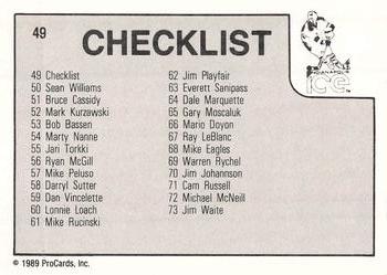 1989-90 ProCards IHL #49 Indianapolis Ice Checklist Back