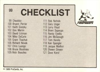 1989-90 ProCards IHL #99 Phoenix Roadrunners Checklist Back