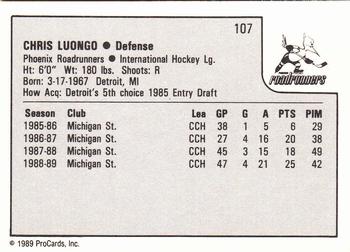 1989-90 ProCards IHL #107 Chris Luongo Back