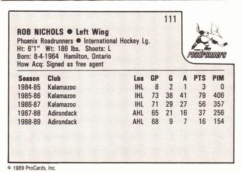 1989-90 ProCards IHL #111 Rob Nichols Back
