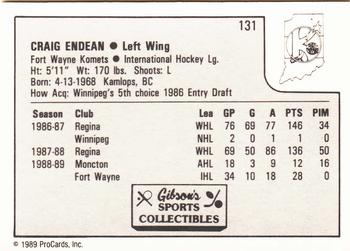 1989-90 ProCards IHL #131 Craig Endean Back
