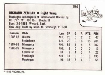 1989-90 ProCards IHL #154 Richard Zemlak Back