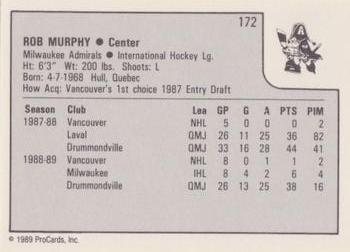 1989-90 ProCards IHL #172 Rob Murphy Back