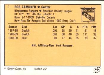1990-91 ProCards AHL/IHL #1 Rob Zamuner Back