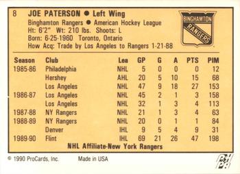 1990-91 ProCards AHL/IHL #8 Joe Paterson Back
