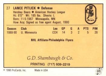 1990-91 ProCards AHL/IHL #27 Lance Pitlick Back