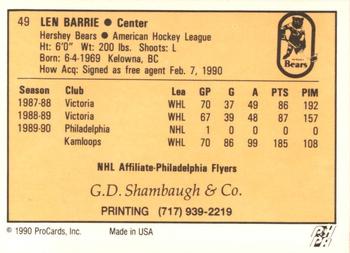 1990-91 ProCards AHL/IHL #49 Len Barrie Back