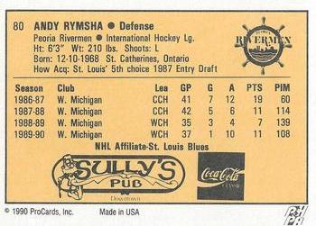 1990-91 ProCards AHL/IHL #80 Andrew Rymsha Back
