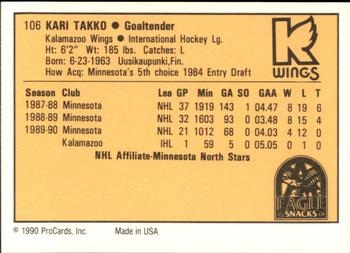 1990-91 ProCards AHL/IHL #106 Kari Takko Back