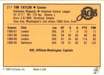 1990-91 ProCards AHL/IHL #211 Tim Taylor Back