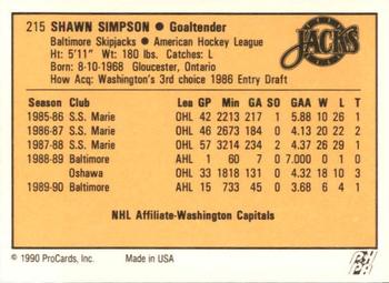 1990-91 ProCards AHL/IHL #215 Shawn Simpson Back