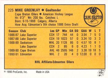 1990-91 ProCards AHL/IHL #225 Mike Greenlay Back