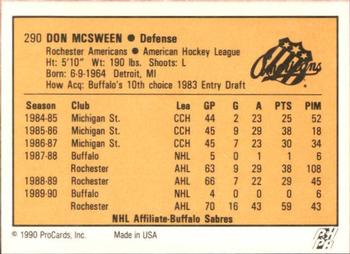 1990-91 ProCards AHL/IHL #290 Don McSween Back