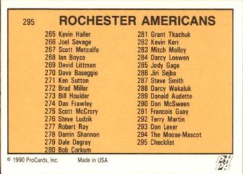 1990-91 ProCards AHL/IHL #295 Rochester Americans Back
