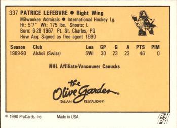1990-91 ProCards AHL/IHL #337 Patrice Lefebvre Back
