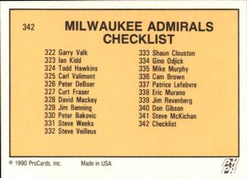 1990-91 ProCards AHL/IHL #342 Milwaukee Admirals Back