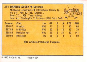 1990-91 ProCards AHL/IHL #384 Darren Stolk Back