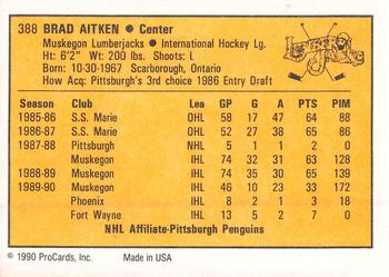 1990-91 ProCards AHL/IHL #388 Brad Aitken Back