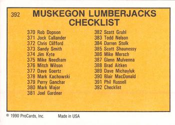 1990-91 ProCards AHL/IHL #392 Muskegon Lumberjacks Back