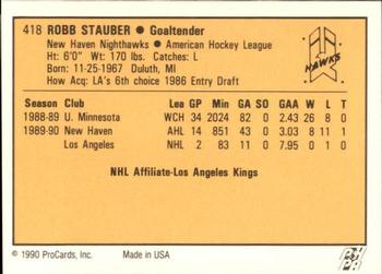 1990-91 ProCards AHL/IHL #418 Robb Stauber Back