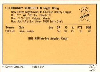 1990-91 ProCards AHL/IHL #430 Brandy Semchuk Back