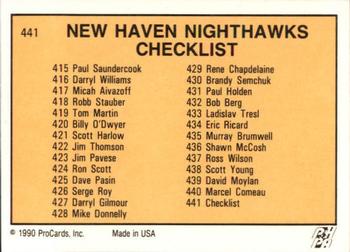1990-91 ProCards AHL/IHL #441 New Haven Nighthawks Back