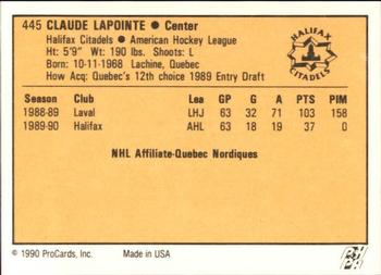 1990-91 ProCards AHL/IHL #445 Claude Lapointe Back