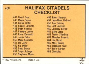 1990-91 ProCards AHL/IHL #468 Halifax Citadels Back