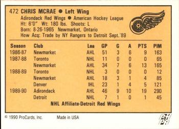 1990-91 ProCards AHL/IHL #472 Chris McRae Back