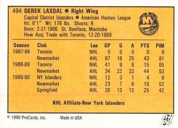 1990-91 ProCards AHL/IHL #494 Derek Laxdal Back