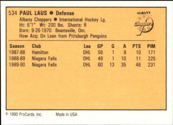 1990-91 ProCards AHL/IHL #534 Paul Laus Back