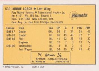 1990-91 ProCards AHL/IHL #538 Lonnie Loach Back