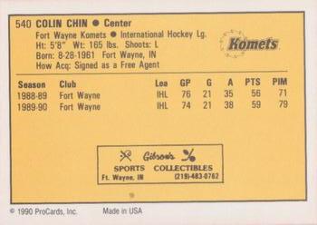 1990-91 ProCards AHL/IHL #540 Colin Chin Back