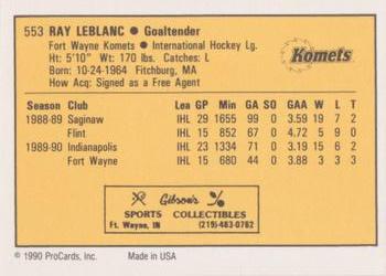 1990-91 ProCards AHL/IHL #553 Ray LeBlanc Back