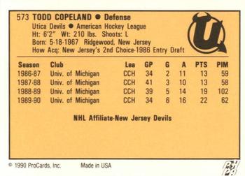 1990-91 ProCards AHL/IHL #573 Todd Copeland Back