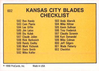 1990-91 ProCards AHL/IHL #602 Kansas City Blades Back