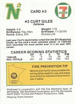 1985-86 7-Eleven Minnesota North Stars #3 Curt Giles Back