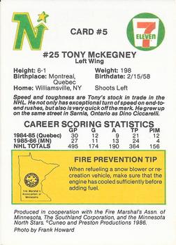 1985-86 7-Eleven Minnesota North Stars #5 Tony McKegney Back