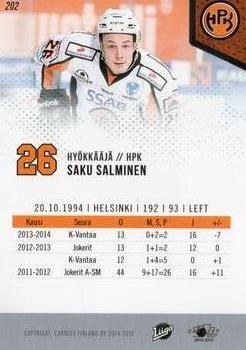 2014-15 Cardset Finland #202 Saku Salminen Back