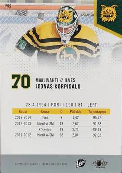 2014-15 Cardset Finland #205 Joonas Korpisalo Back