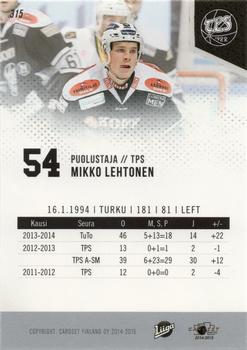 2014-15 Cardset Finland #315 Mikko Lehtonen Back