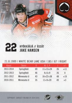 2014-15 Cardset Finland #332 Jake Hansen Back