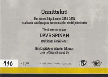 2014-15 Cardset Finland - Signature #NNO Dave Spina Back